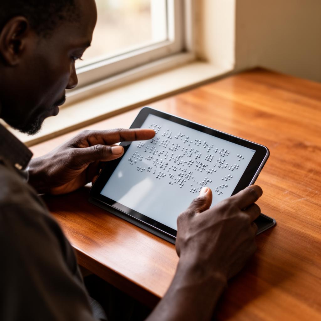 Close-up of a man's hands reading braille on a tablet device.